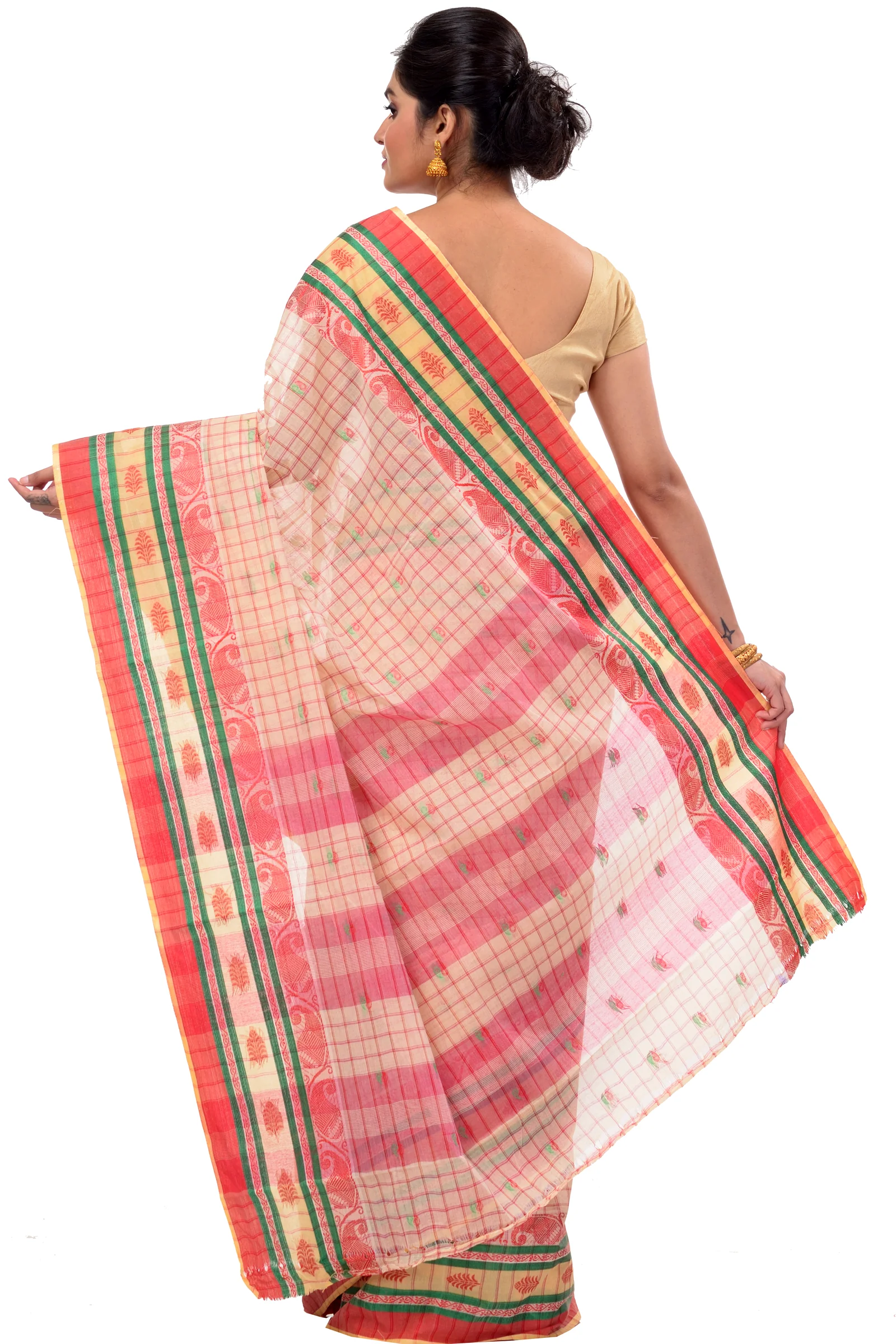 White Pure Cotton ChakButi Tant Saree (126)
